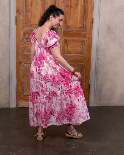Hibiscus Pink Cotton Midi Dress