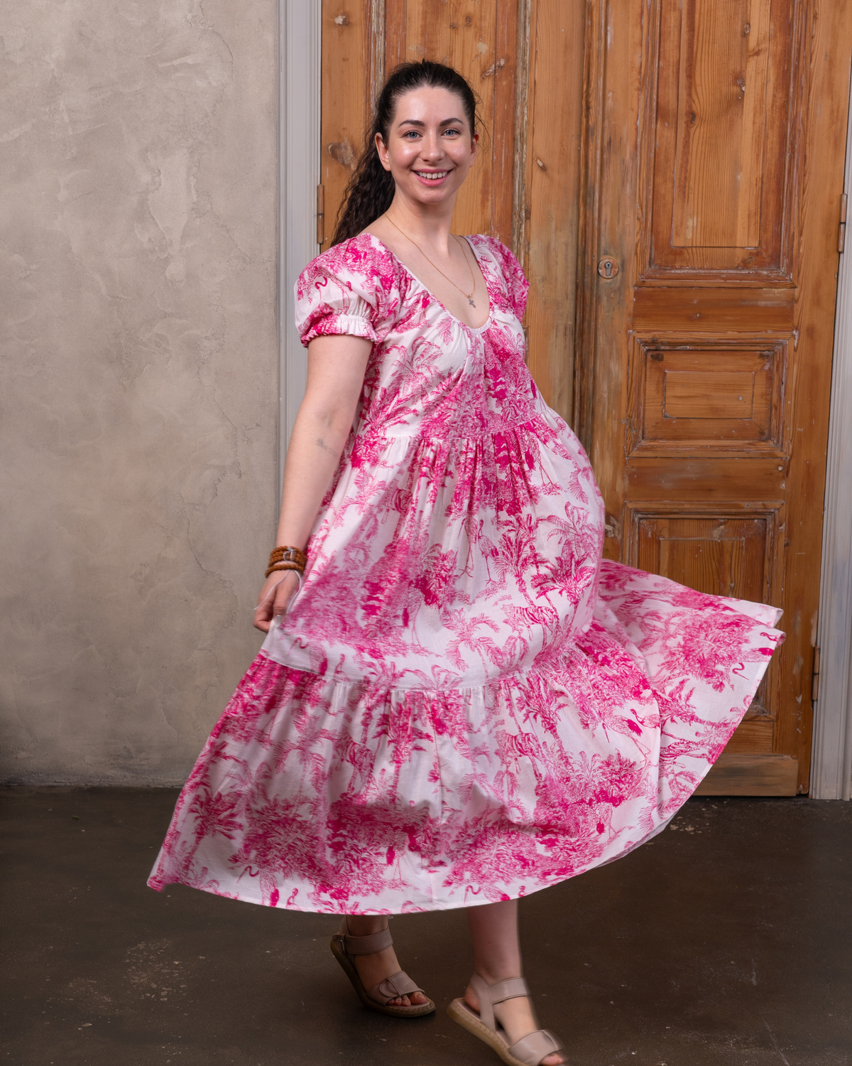 Hibiscus Pink Cotton Midi Dress