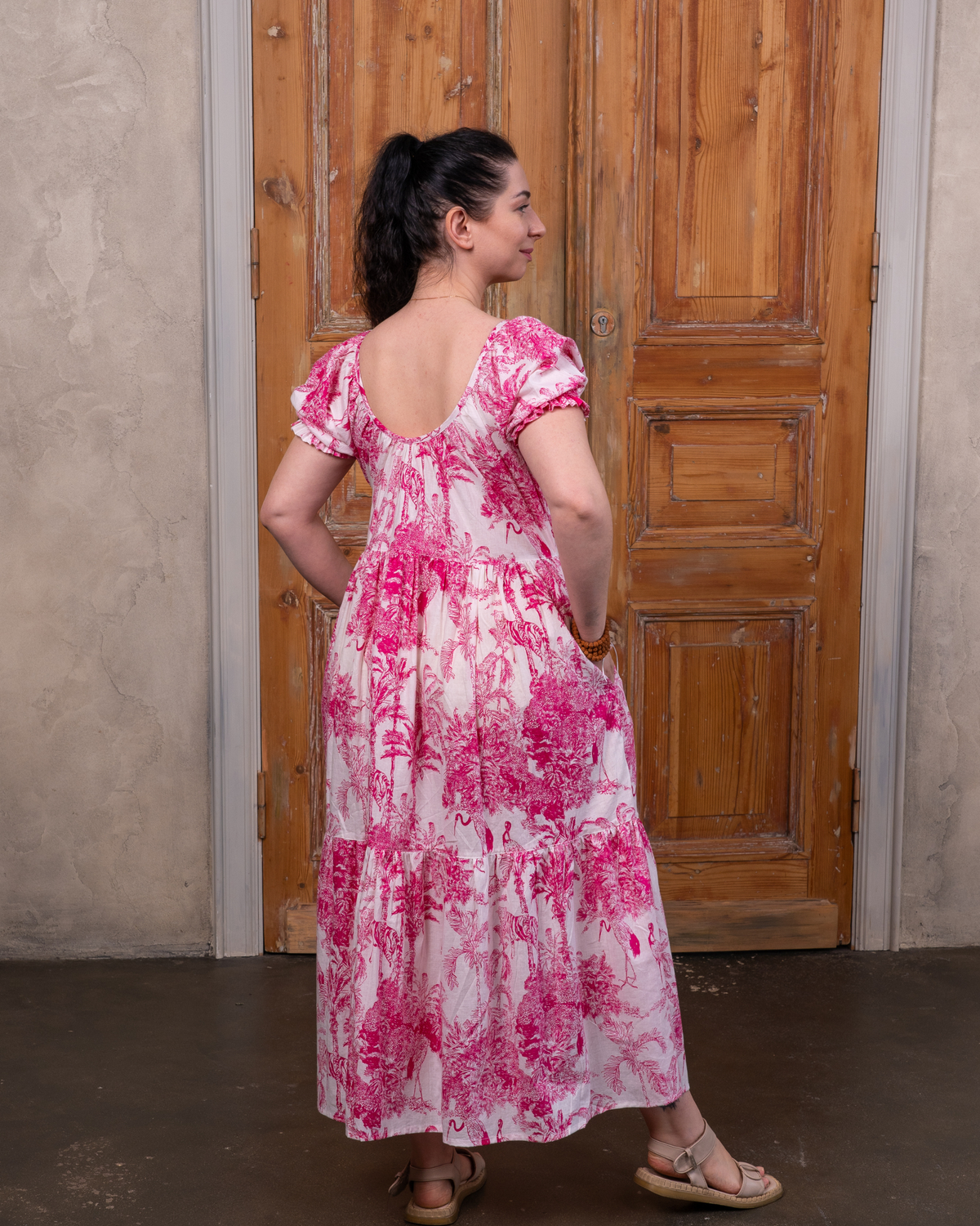 Hibiscus Pink Cotton Midi Dress