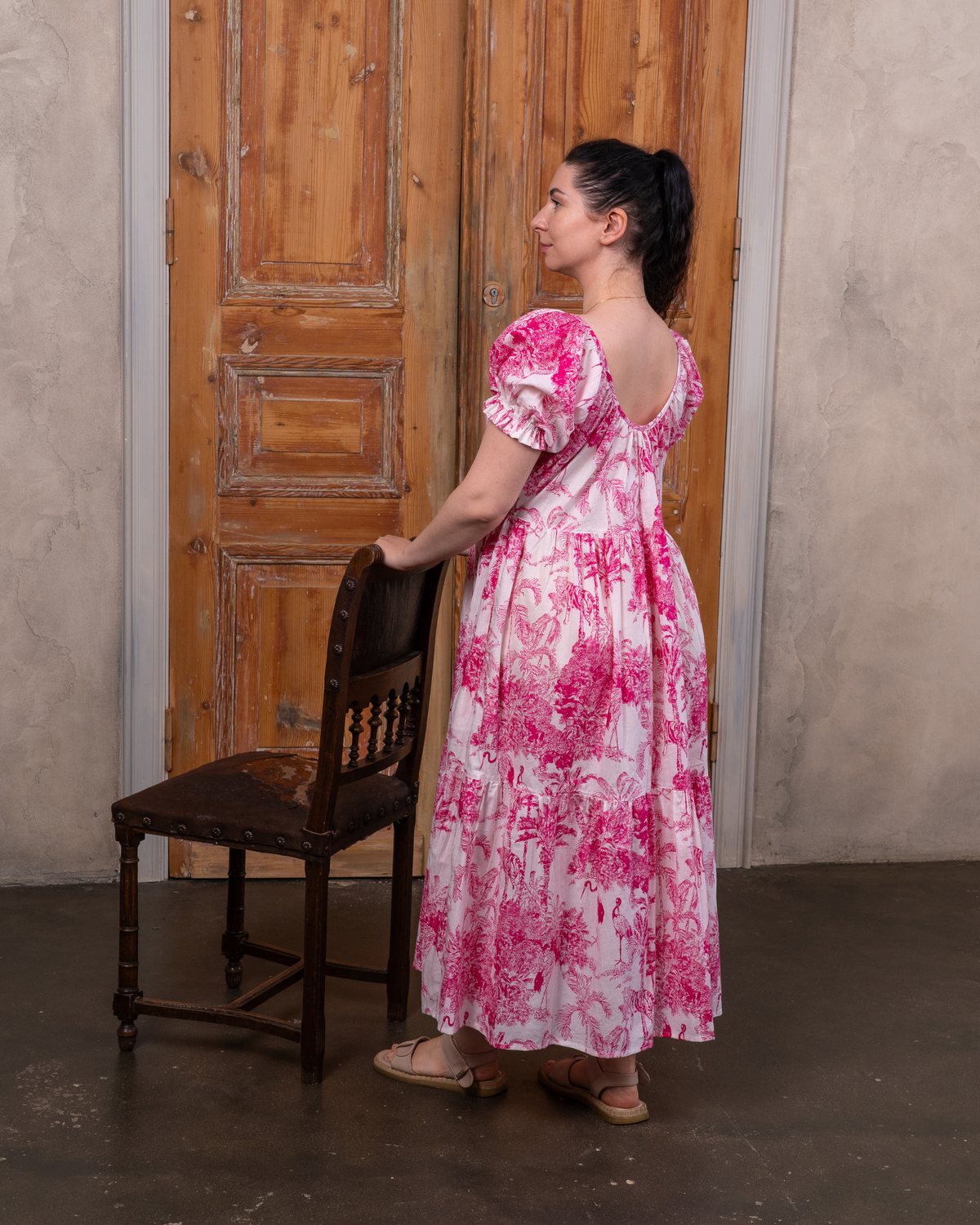 Hibiscus Pink Cotton Midi Dress
