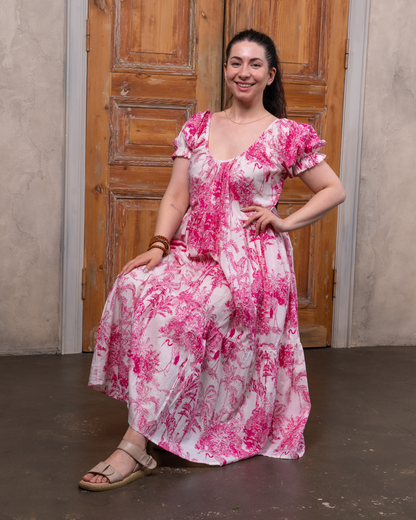 Hibiscus Pink Cotton Midi Dress