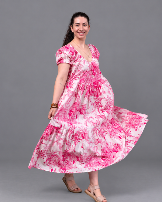 Hibiscus Pink Cotton Midi Dress