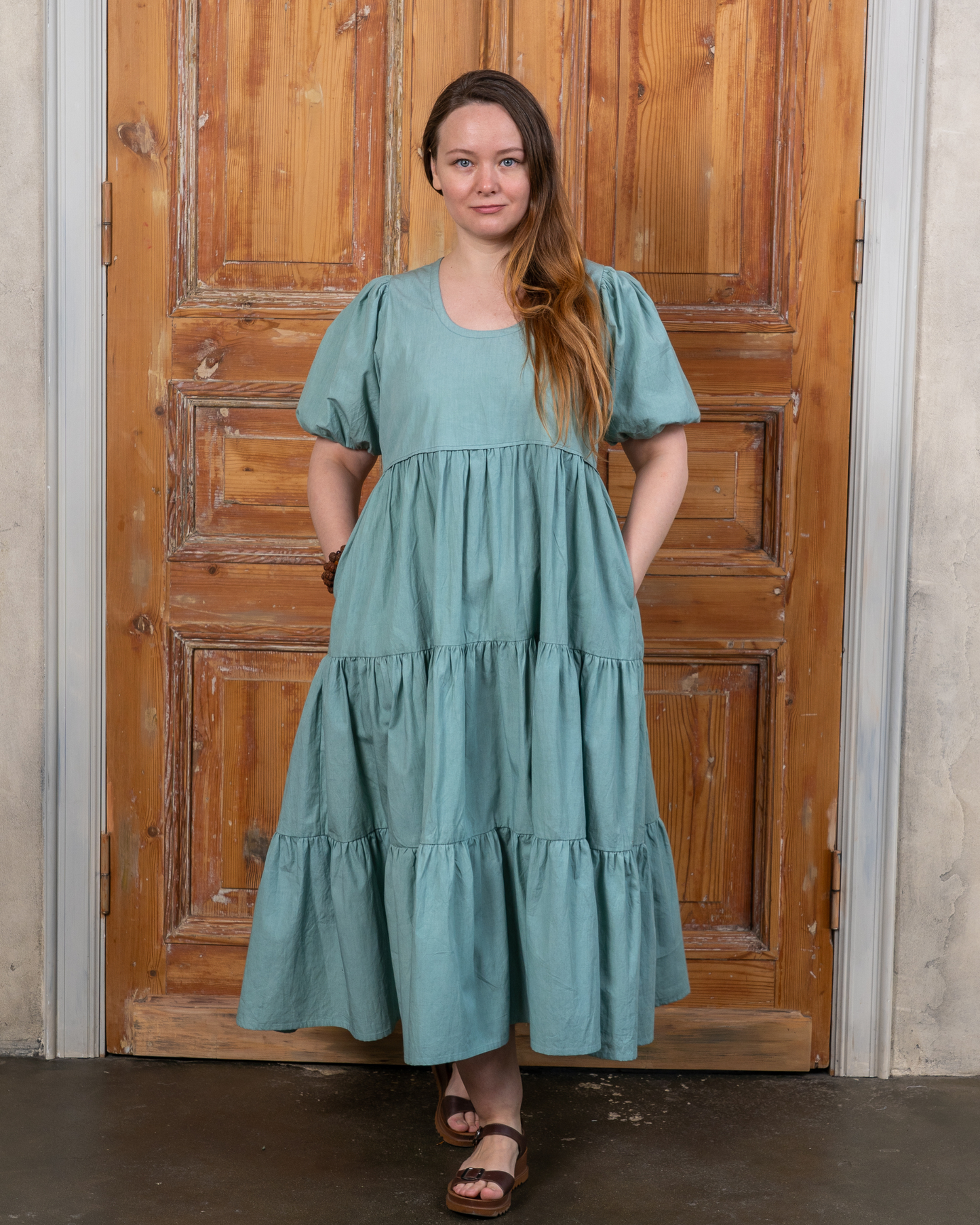 Sage Green Cotton Poplin Midi Dress.