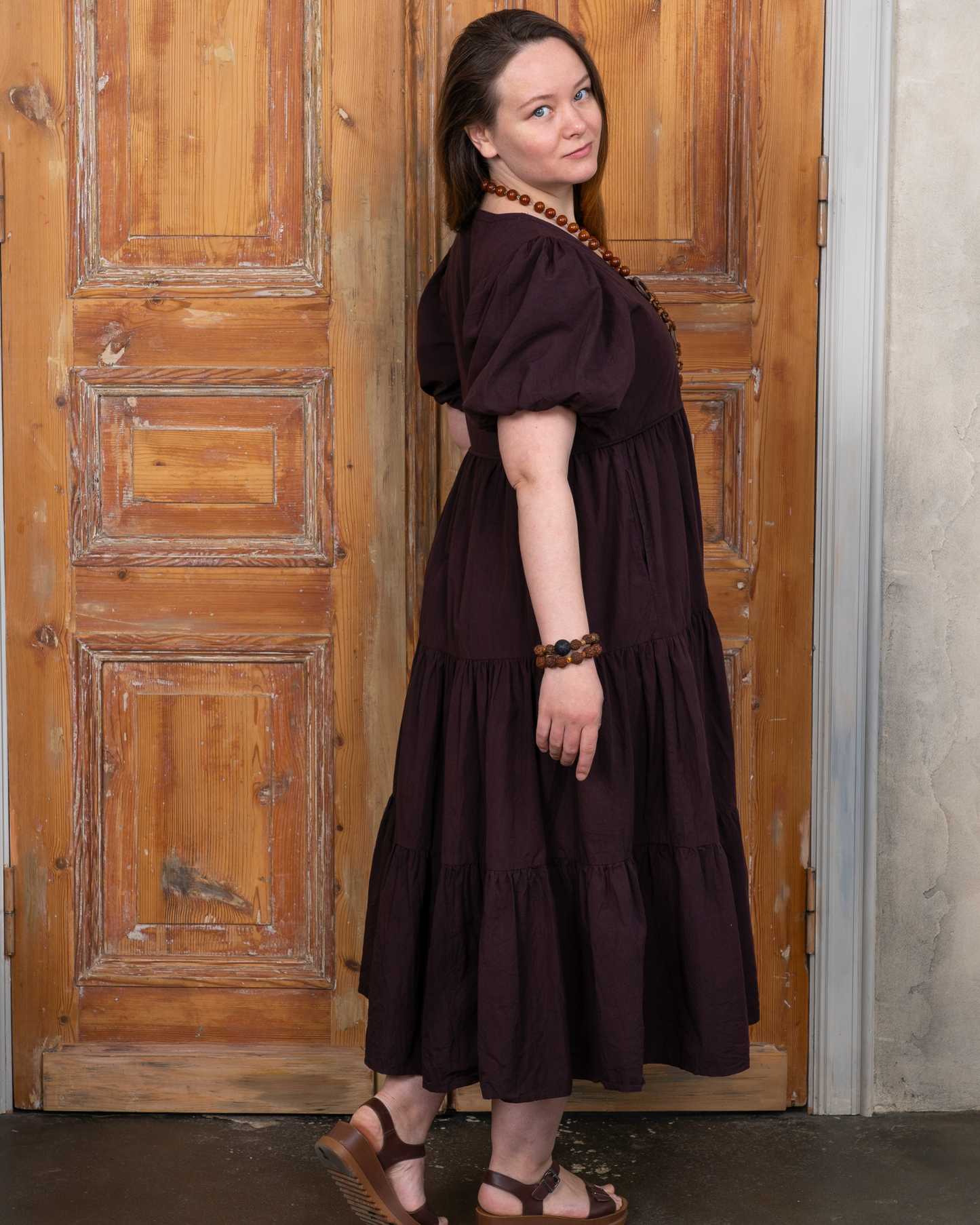 Gaia Merlot Cotton Poplin Midi Dress