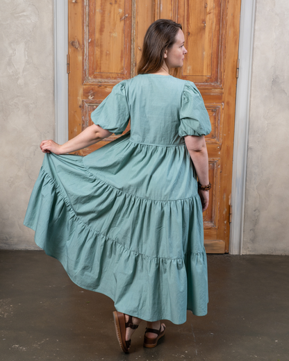 Sage Green Cotton Poplin Midi Dress.