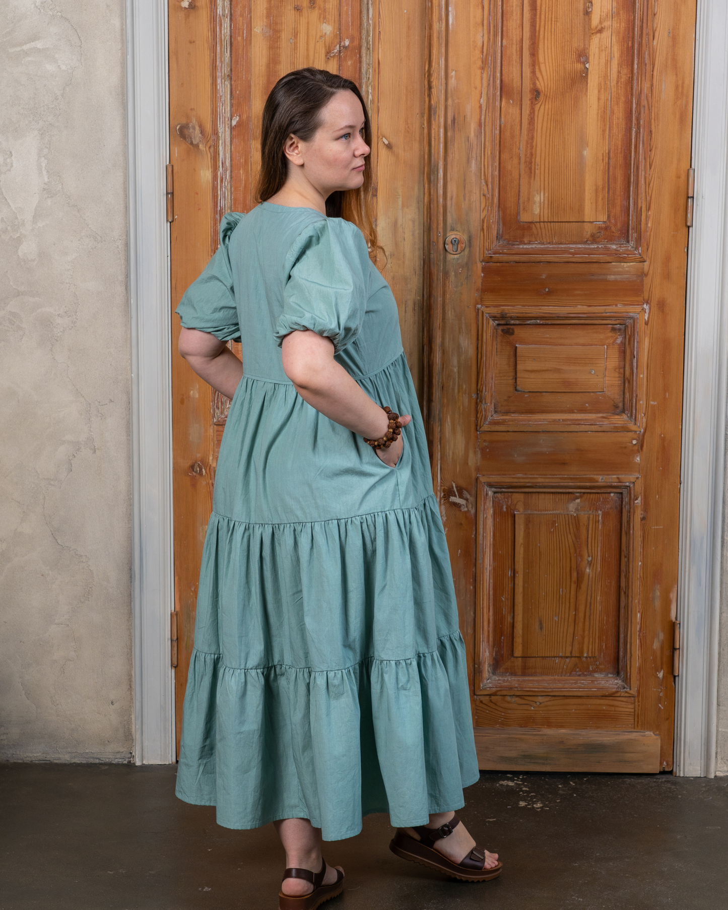 Sage Green Cotton Poplin Midi Dress.